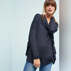 Anthropologie Postmark Orley Metallic Cowl Neck Ruffle Sweater in Navy Size XS/S